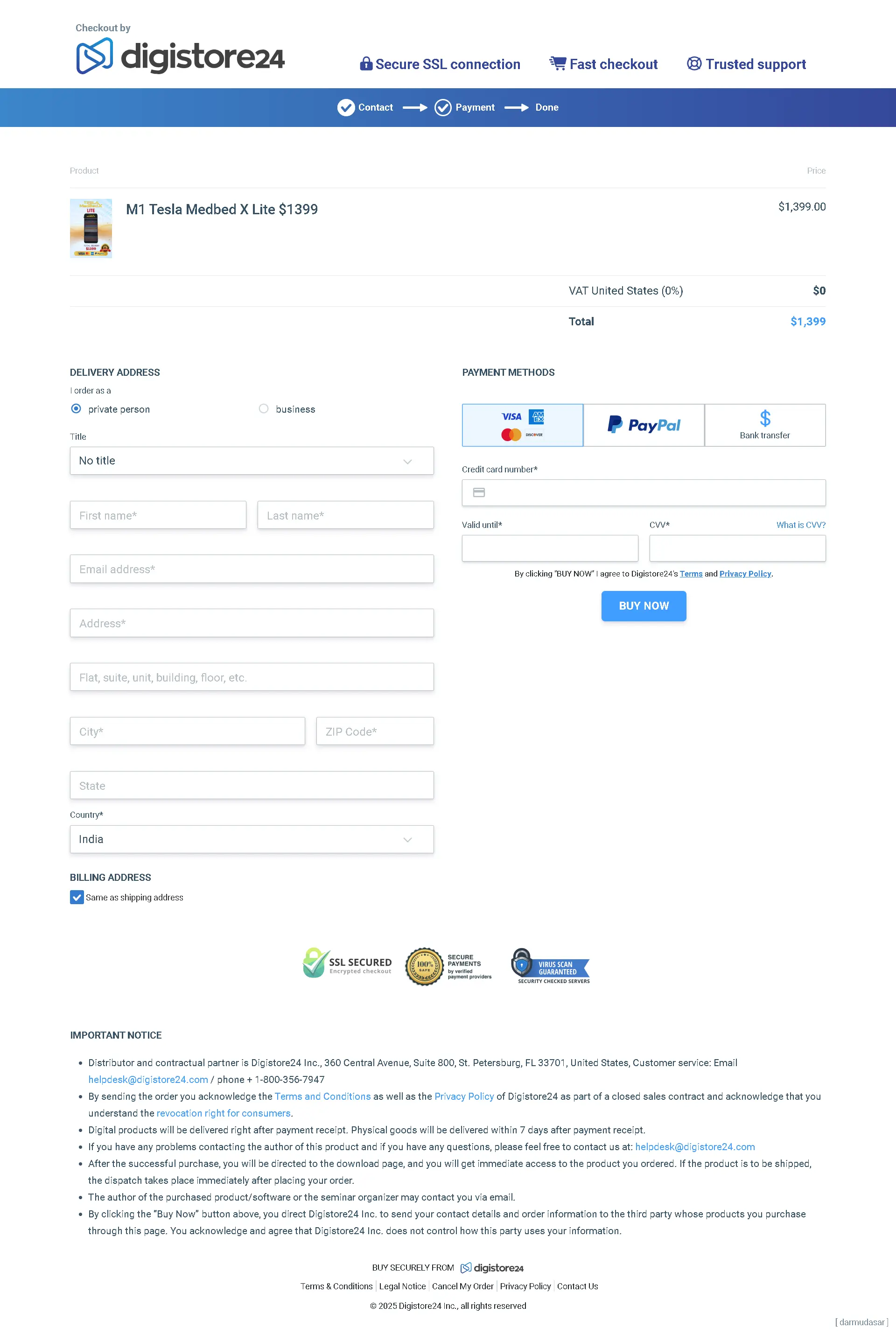 Tesla MedBed X Checkout Page